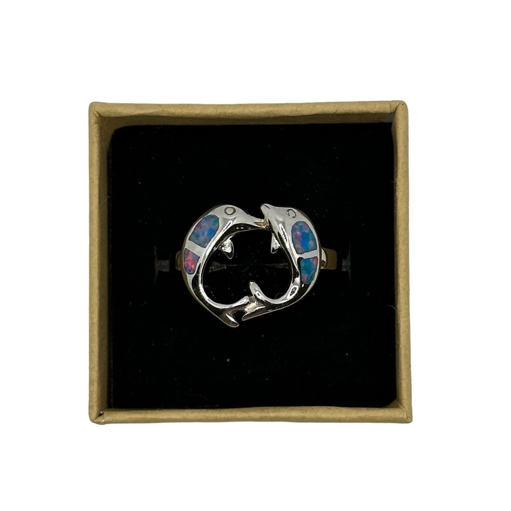 Sterling silver filled opal dolphin ring - Picture 1 of 4
